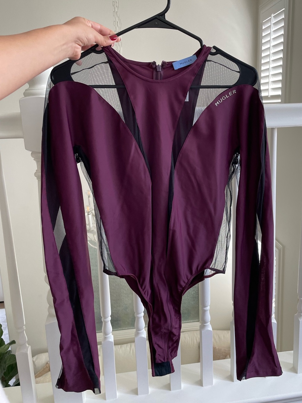 Mugler Plum & Black Long-Sleeve Mesh Panel Bodysuit